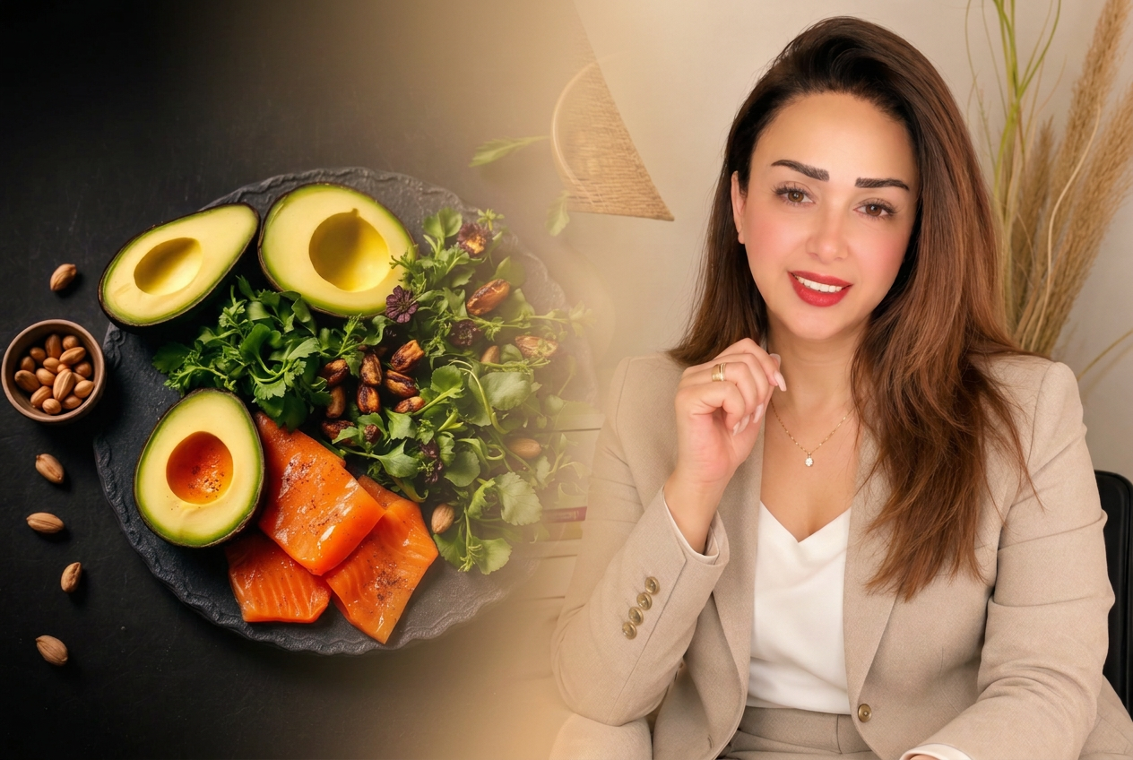 ولاء لاشين أخصائية تغذية بجانب طبق صحي من الأفوكادو والسلمون والخضروات